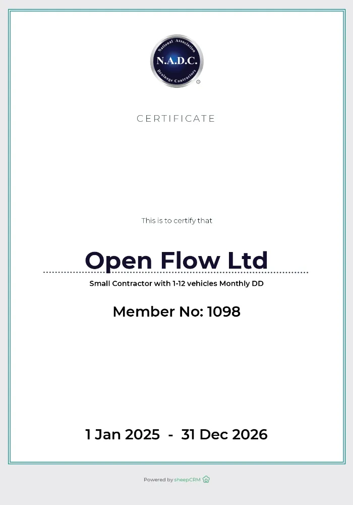 Openflow Drains NADC registration certificate